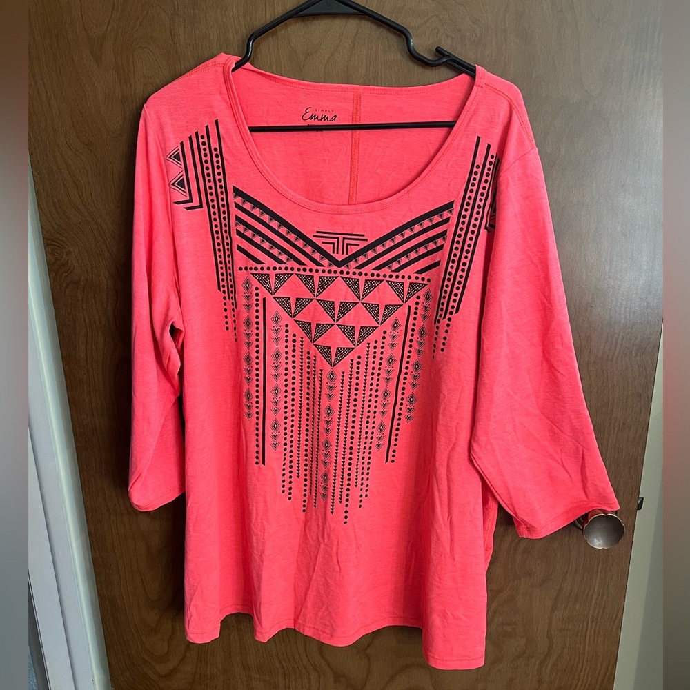 Simply Emma Coral Pink Long Sleeve Tee with Black Tribal Print